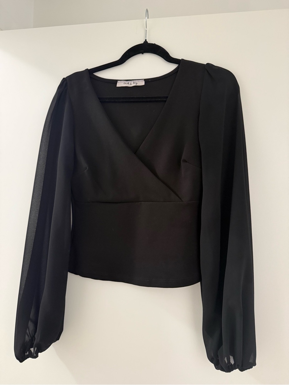 Black Wrap-Front Long Sleeve Top